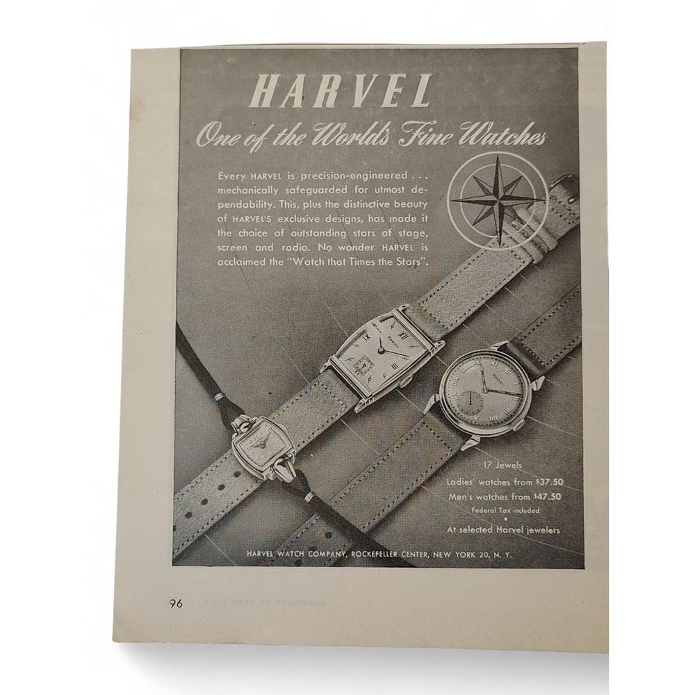 1946 Harvel Watch Print Ad‎ Rockefeller Center NYC Midcentury Timepiece Ephemera